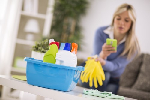Cleaning supplies and tidy office desk in a local Westkensington office