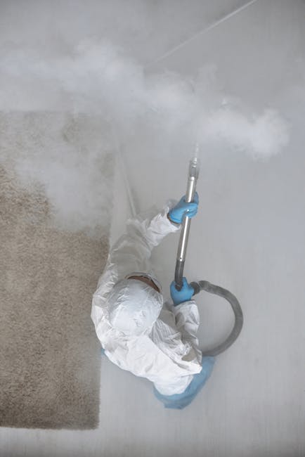An individual dressed in a white protective suit and blue gloves is using a steam cleaner to disinfect a light-colored carpeted floor in a residential setting. The steam cleaner emits a plume of steam, indicating deep cleaning and sanitisation processes. The surrounding area includes a white wall and a beige rug, with bright, natural lighting highlighting the cleanliness. This scene exemplifies professional domestic cleaning techniques, focusing on surface sanitisation and stain removal, and is associated with [COMPANY_NAME]'s upholstery cleaning and comprehensive surface cleaning services. The overall impression is of a well-maintained, hygienic environment in a modern home, with tools and equipment suggesting a thorough cleaning approach.