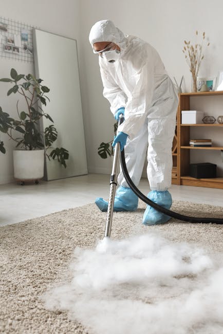 A professional cleaning technician in full protective gear, including a white coveralls, mask, gloves, and shoe covers, operates a steam cleaning machine on a beige wool carpet in a modern living room. The room features a tall potted plant with green leaves, a large mirror, and a wooden bookshelf with decorative items and books. The floor is of light-colored wood, and there is a window providing natural light, highlighting the cleanliness and condition of the carpet. The technician is engaged in deep cleaning and surface sanitisation, ensuring hygiene and thorough removal of dirt from the carpet, as part of a comprehensive domestic cleaning service by Carpet Cleaning West Kensington for end of tenancy hygiene and cleanliness.